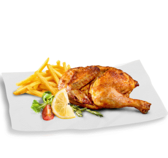 Half juicy chicken with fries