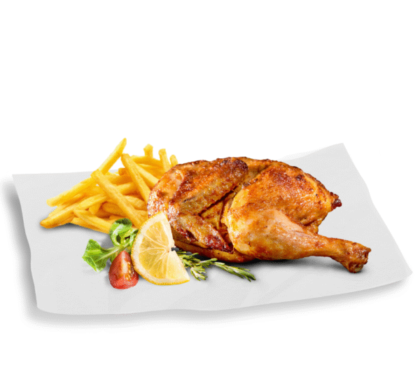 Half juicy chicken with fries